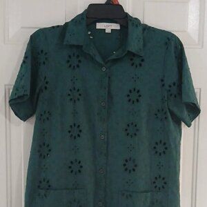 Loft Womens Green Eyeltlit Mini Shirt Dress With Slip